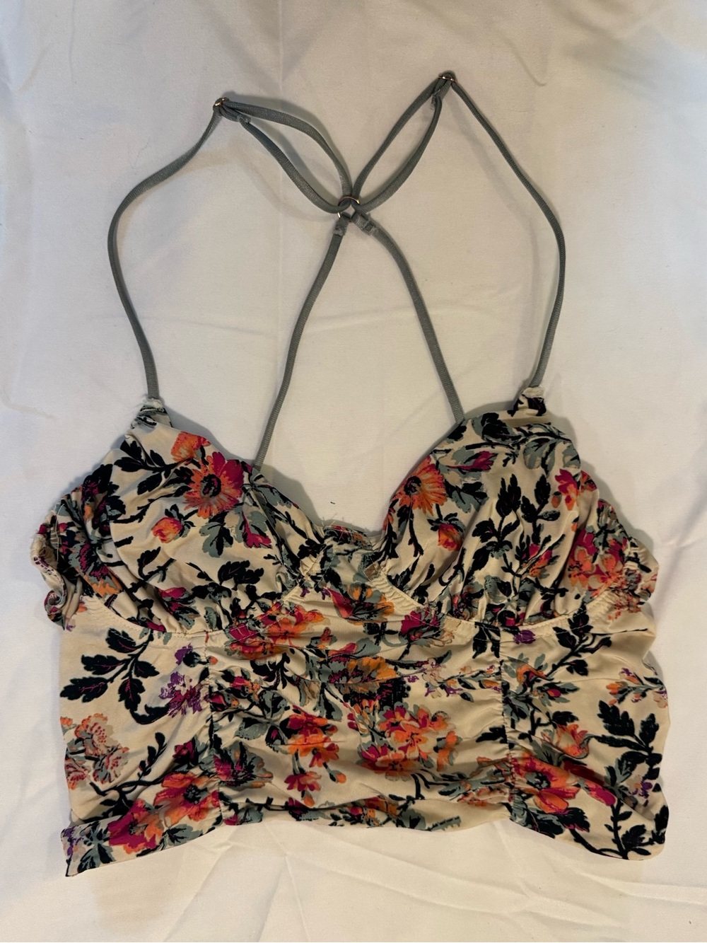 Urban Outfitters Floral Ivory Ruched Crop Tank Top with Strappy Back